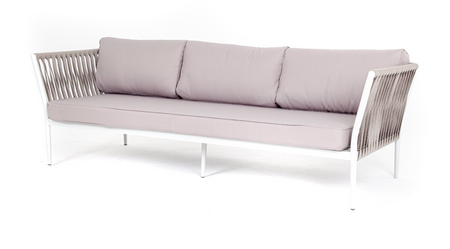 "Касабланка" диван 3-местный плетеный из роупа, каркас алюминий белый, роуп бежевый, ткань бежевая