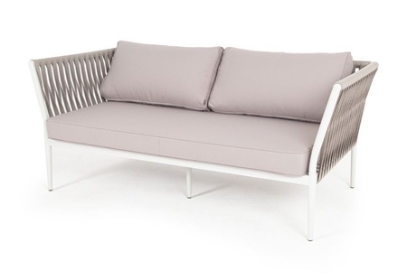 "Касабланка" диван 2-местный плетеный из роупа, каркас алюминий RAL7035, роуп бежевый 23мм, ткань бежевая интерьерная