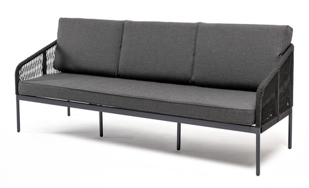 "Канны" диван 3-местный плетеный из роупа, каркас алюминий темно-серый, роуп темно-серый, ткань темно-серая